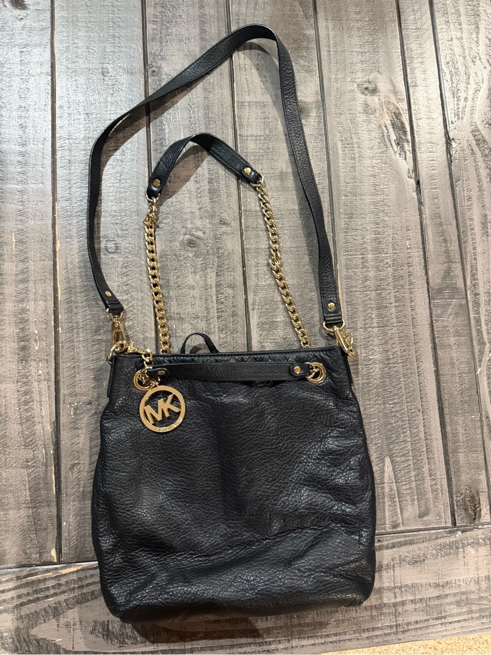 Michael Kors Black Pebbled Leather Shoulder Bag with Gold MK Charm
